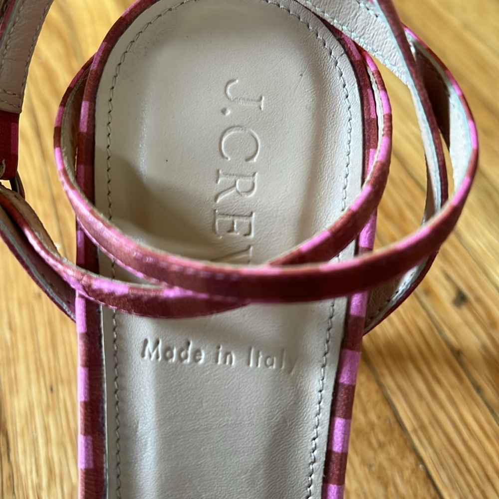 J.Crew Pink Gingham Print Leather Strappy High Heel Sandals with Bow, Size 8.5 - Picture 7 of 10